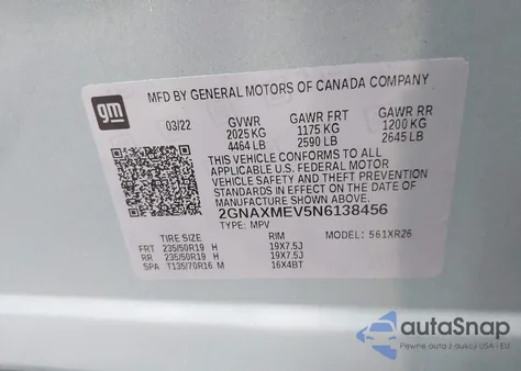 2022 Chevrolet Equinox Fwd Rs из США, поврежденный, VIN 2GNAXMEV5N6138456